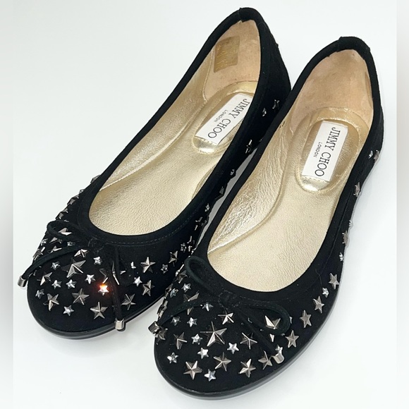Jimmy Choo Willow Ballet Flat Black Suede Star Studded Size 37 - Picture 1 of 16